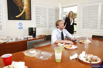 Blonde MILF with Enhanced Tits Gets Fucked Doggy and Anal in the Office