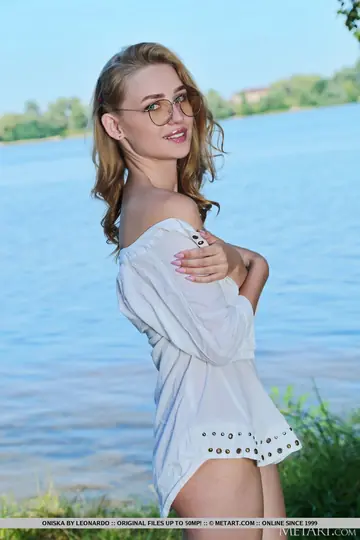 Blonde in Glasses Strips Out of Her Panties on a River Blanket