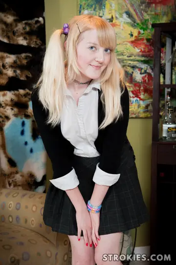Skinny Blonde in a Skirt and Socks Strips and Gives a Handjob