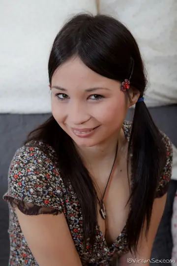 Petite Asian Brunette in Pigtails Rides Him Cowgirl