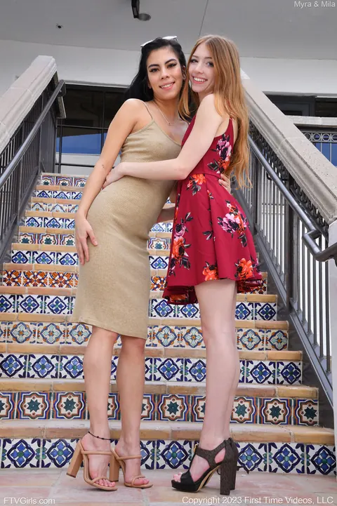 Mila Marie: Brunette and Redhead Pose Outdoors in a Public Place – photo 6 of 21