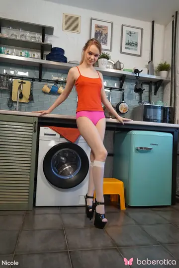 Blonde PAWG in Heels and Socks Toys Her Pussy on a Kitchen Stool