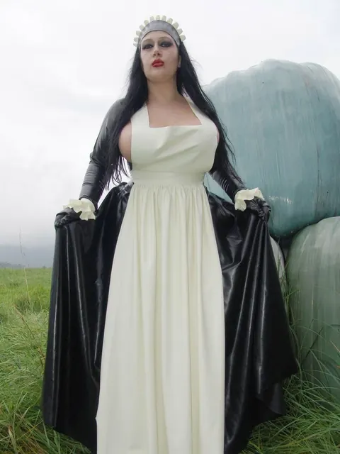 Ginger Mi: Brunette MILF with Big Tits Does Laundry in Latex Uniform Outdoors – photo 7 of 16