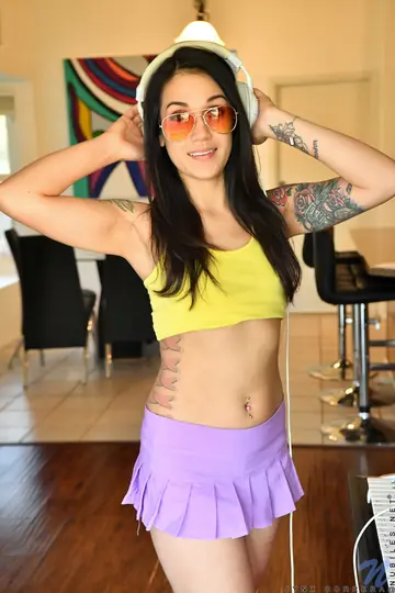 Jynx Correra – Petite Tattooed Brunette in Glasses Strips Off Her Skirt and Panties