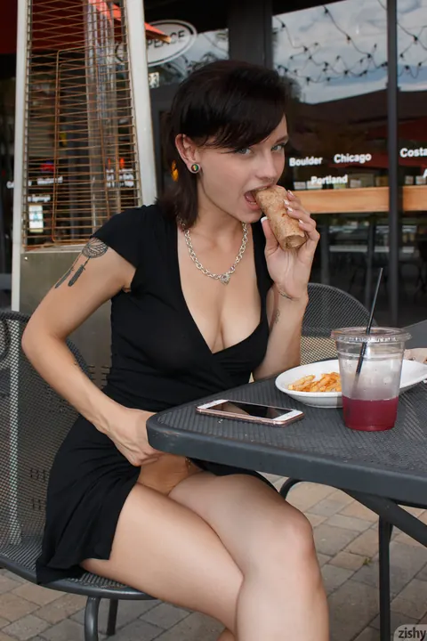 Kai Marley: Petite Brunette Pulls Her Top Down to Flash Her Big Natural Tits Outdoors – photo 3 of 12