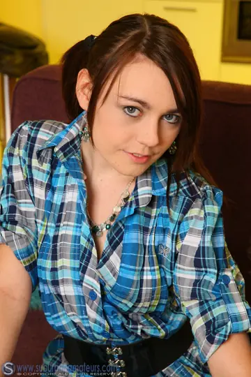 Kacie James – British Brunette in Pigtails Strips to Lingerie and Stockings to Finger