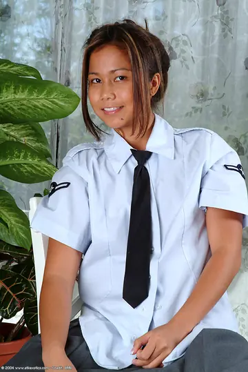 Thick Asian Woman Shows Her Breasts in Uniform Skirt