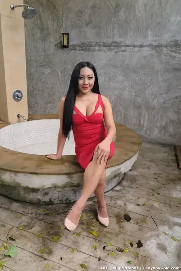 Trans Woman with Big Tits Strips Off Her Red Dress Outdoors