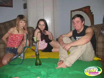 Anna May – Two Brunettes in Socks Undress for a Threesome with a Man