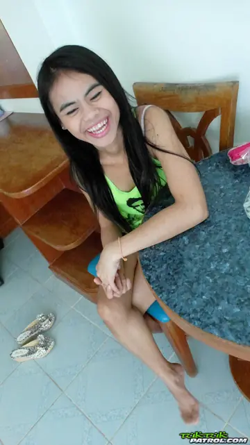 Petite Asian Brunette Pulls Panties Aside and Spreads Her Trimmed Pussy