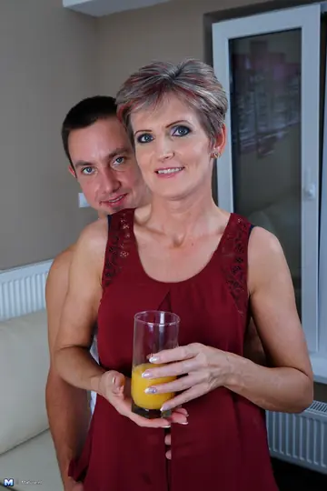 Skinny Mature Woman in a Skirt and Heels Fucks a Dildo and Her Man