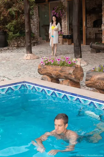 Brunette in Panties Rides Him by the Pool with Hairy Pussy