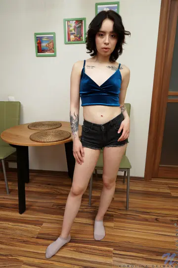 Korolina Beiman – Petite Brunette Strips Off Her Shorts and Spreads Her Pussy