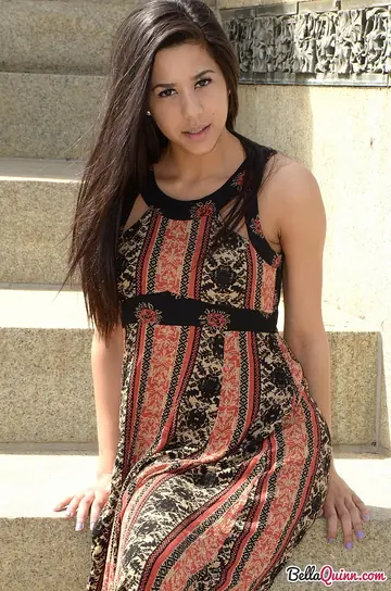 Bella Quinn – Brazilian Latina Brunette Flashes Her Legs in a Slit Dress Outdoors