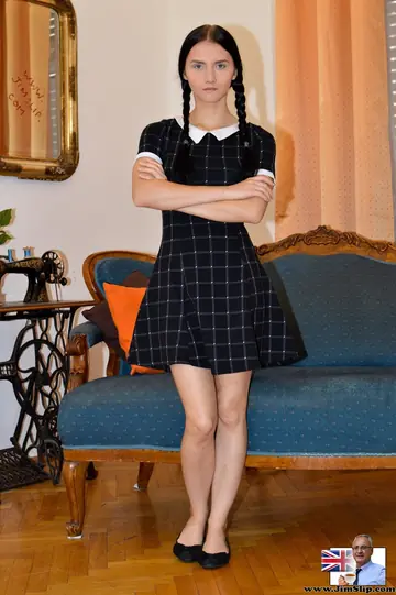 Crystal Greenvelle – Petite Russian Brunette Spreads in a Plaid Dress and Panties