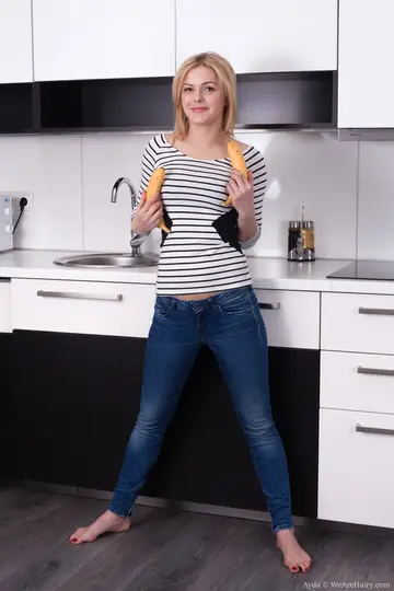 Short-Haired Blonde Strips Off Her Jeans in the Kitchen and Spreads Her Ass