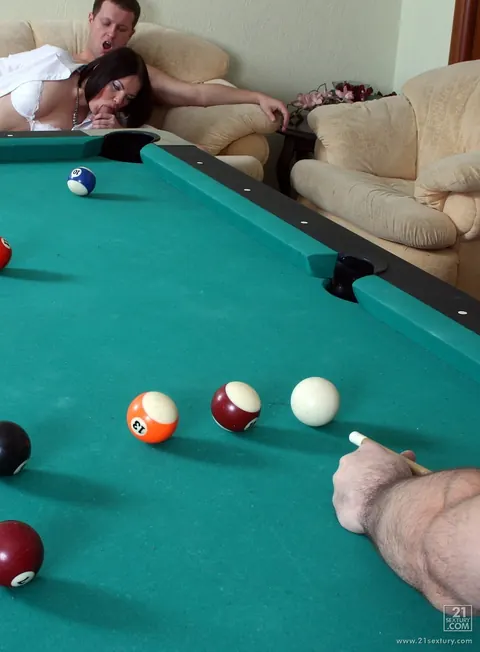 Mila Romana: Thick Short-Haired Brunette Takes Double Penetration on a Pool Table – photo 4 of 18