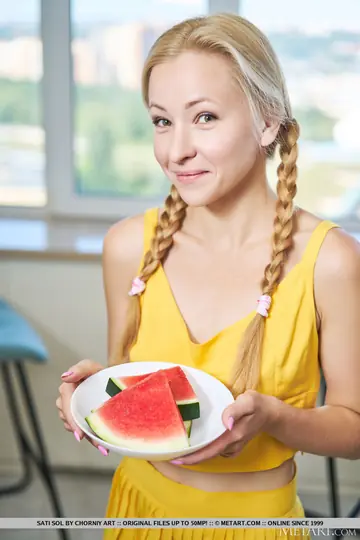 Sati Sol – European Blonde in Pigtails Eats Watermelon and Spreads in Panties