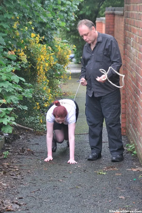 Thick Redhead Licks Boots and Crawls in Restraints Outdoors – photo 6 of 16