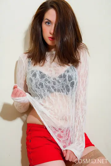 Elizabeth James – Brunette in Stockings Flashes Her Big Natural Tits