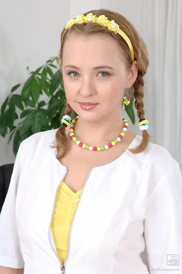 Lolly Moon – Blonde with Pigtails Strips Off Her Stockings and Spreads Her Pussy