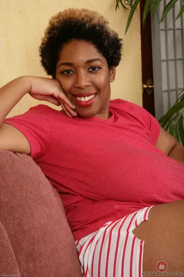 Ebony BBW Pulls Aside Her Shorts and Panties and Shows Her Hairy Pussy