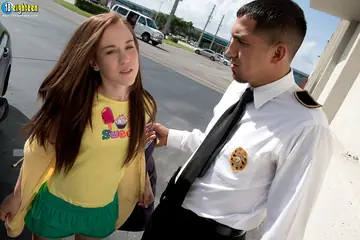 Trinity Rae – Brunette in a Skirt and Socks Fucks a Station Officer Outdoors