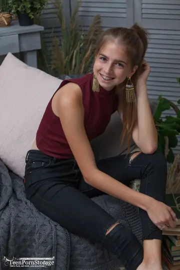 Skinny Woman Strips Out of Her Jeans and Panties on a Chair
