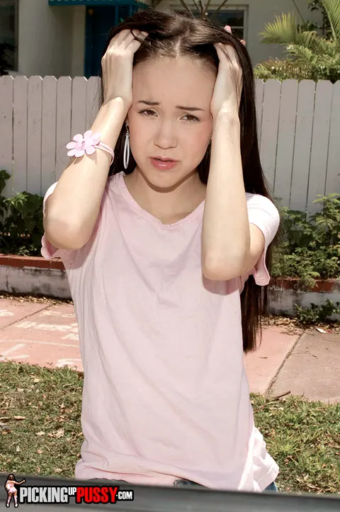 Amai Liu: Slim Asian Brunette Kneels in a Skirt for Outdoor Blowjob – photo 2 of 14
