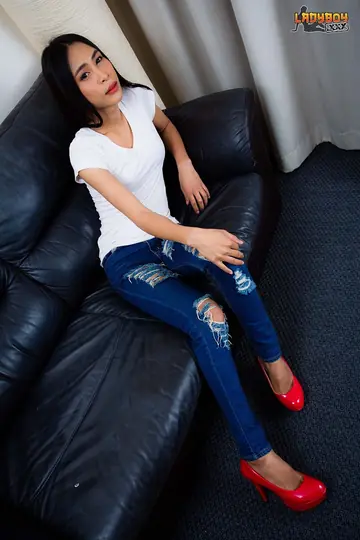 Busty Asian Trans Woman Strips Out of Her Jeans and Jerks Off