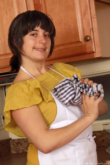 Chubby Short-Haired MILF Undresses and Spreads Hairy Armpits in the Kitchen