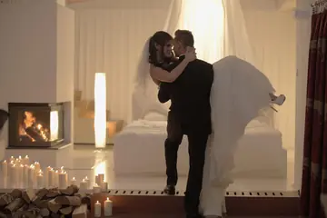 Brunette Bride in Lingerie Gives a Blowjob and Rides Cowgirl