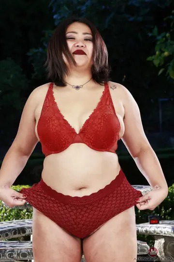 Asian BBW Undresses Outdoors Showing Her Hairy Pussy