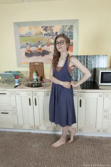 Hairy Woman in Lingerie and Glasses Spreads in the Kitchen