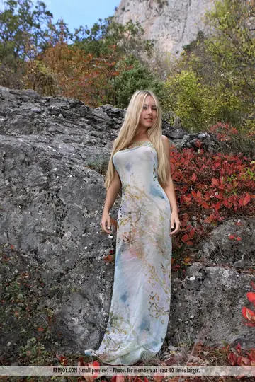 Blonde with Big Natural Tits Strips Nude and Spreads Her Hairy Pussy Outdoors