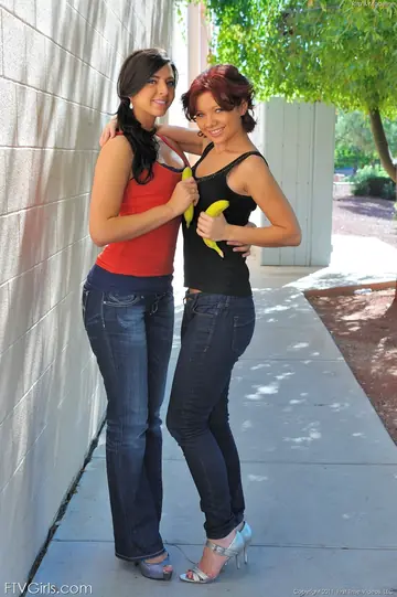 Two Thick Brunettes in Heels Eat Pussy and Use a Banana Outdoors