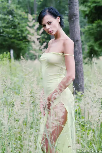 Short-Haired Brunette Spreads Her Trimmed Pussy Outdoors