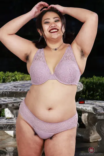 Asian BBW Strips Off Her Lingerie and Spreads Her Hairy Pussy