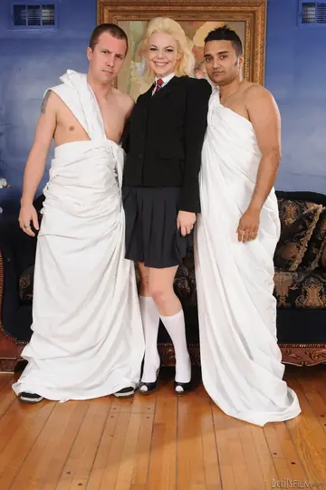 Alice Frost – Petite Blonde MILF in Cosplay Poses with Two Men
