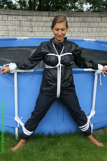 Amateur Woman Bound and Gagged Kneels by the Pool