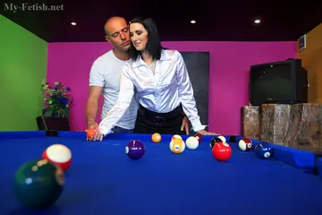 Brunette in Stockings Fucked on the Pool Table Takes Cum in Mouth