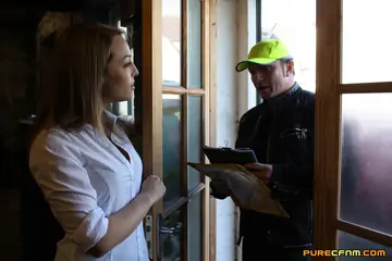 Lucy Love – Two British MILFs in Dresses Share a Naked Mailman for a Facial