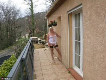 Curvy Mature Blonde Flashes Her Big Tits Outdoors in Lingerie