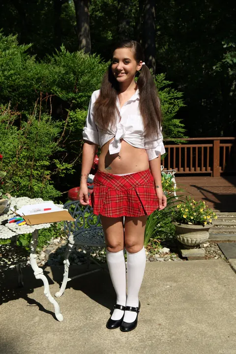 Gia Paige: Brunette Plays with a Dildo Outdoors in Socks – photo 2 of 21
