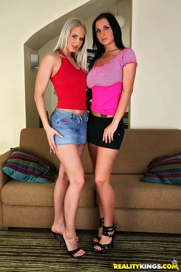 Joyce Angel – European Babe and Busty Friend Pose Topless in Skirts and Heels